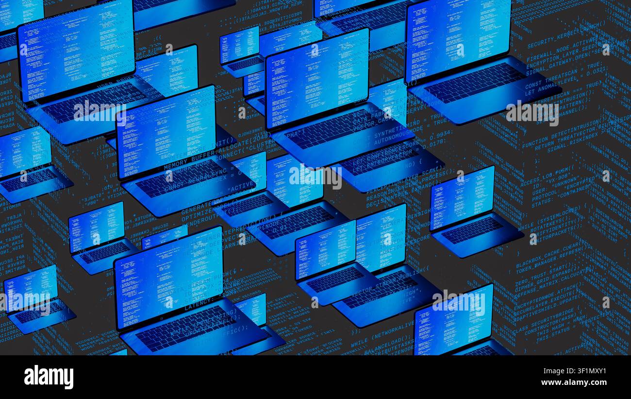 Multiple laptops with code on screens float in a digital environment, highlighting network technology. The scene shows a tech-inspired concept. Stock Photo