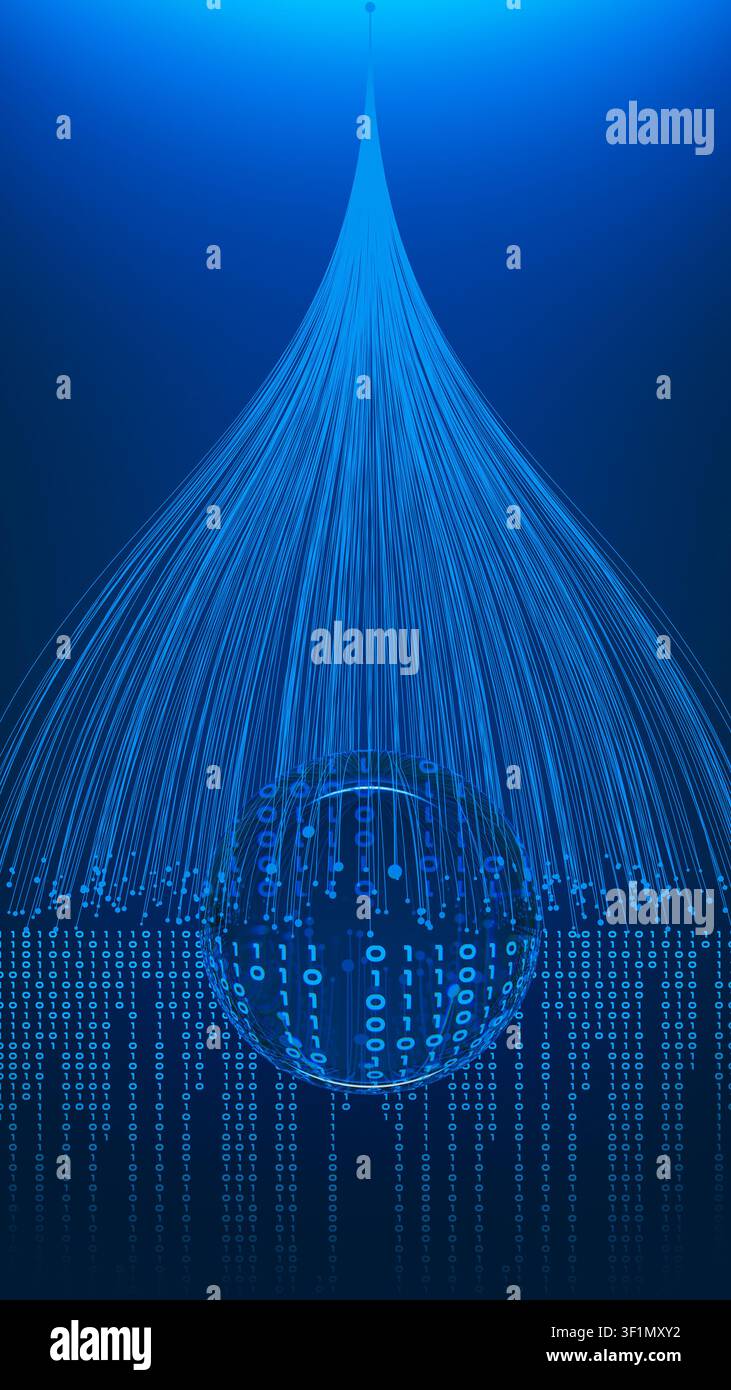 A digital representation shows a sphere made of binary code with streams of data falling. This setting highlights technology and data. Stock Photo