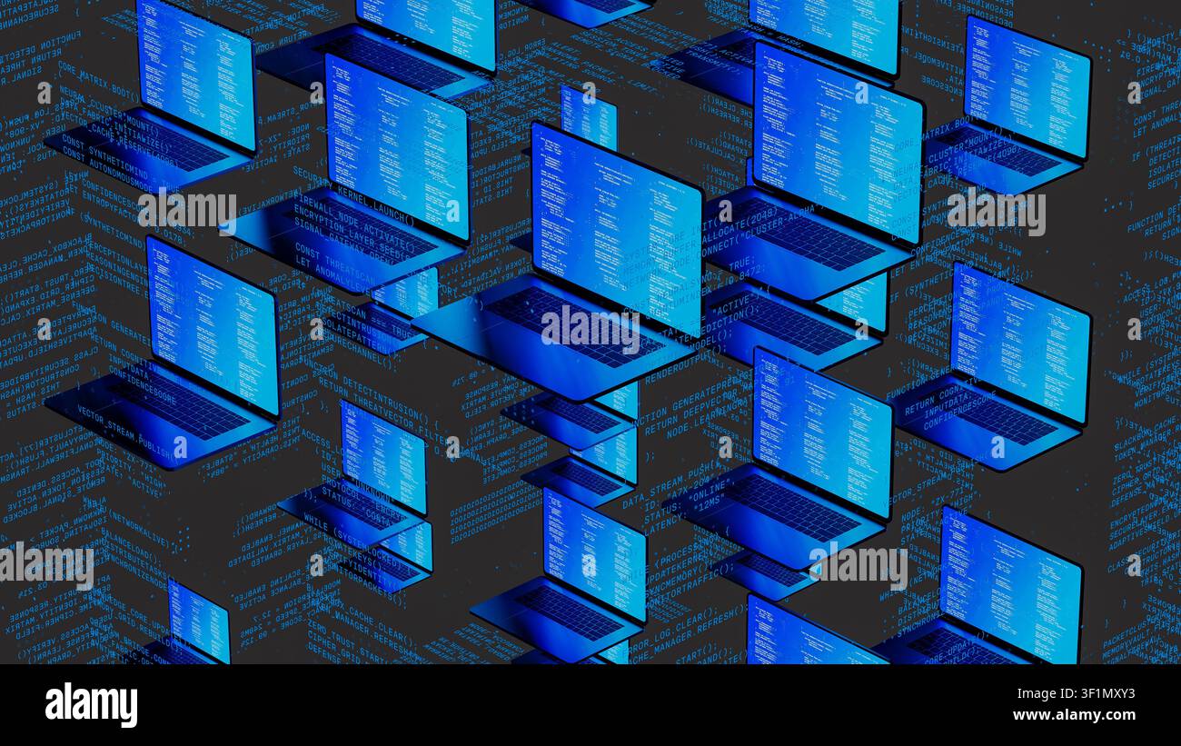 Multiple laptops with code on screens float in a digital environment, highlighting network technology. The scene shows a tech-inspired concept. Stock Photo