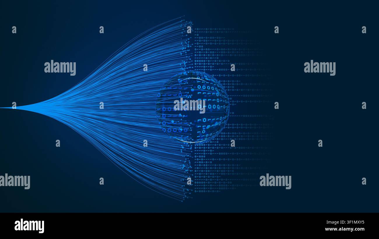A digital representation shows a sphere made of binary code with streams of data falling. This setting highlights technology and data. Stock Photo