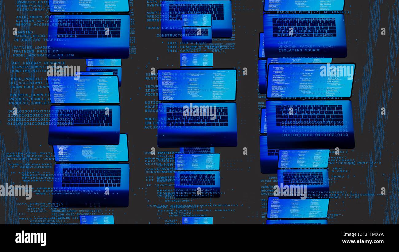 Multiple laptops with code on screens float in a digital environment, highlighting network technology. The scene shows a tech-inspired concept. Stock Photo