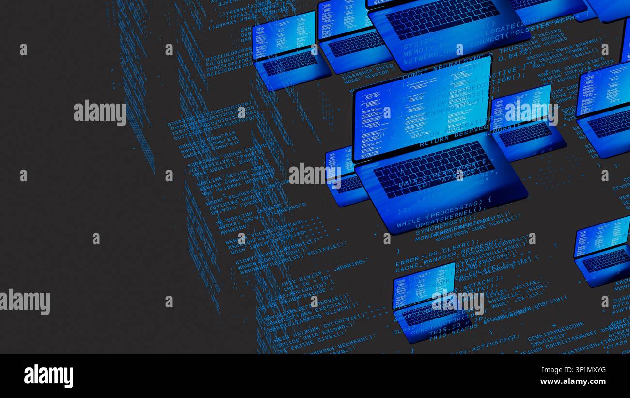 Multiple laptops with code on screens float in a digital environment, highlighting network technology. The scene shows a tech-inspired concept. Stock Photo
