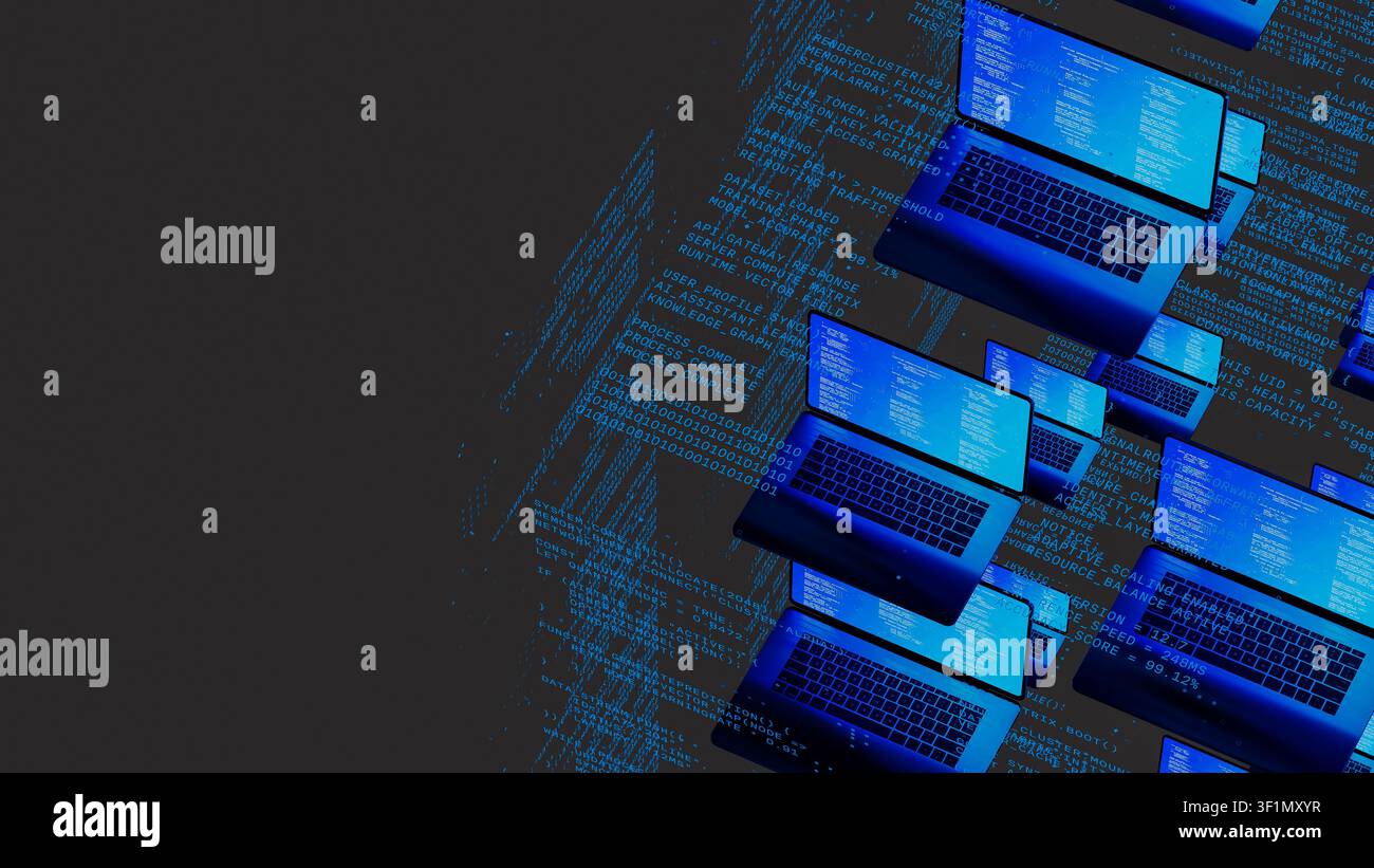 Multiple laptops with code on screens float in a digital environment, highlighting network technology. The scene shows a tech-inspired concept. Stock Photo