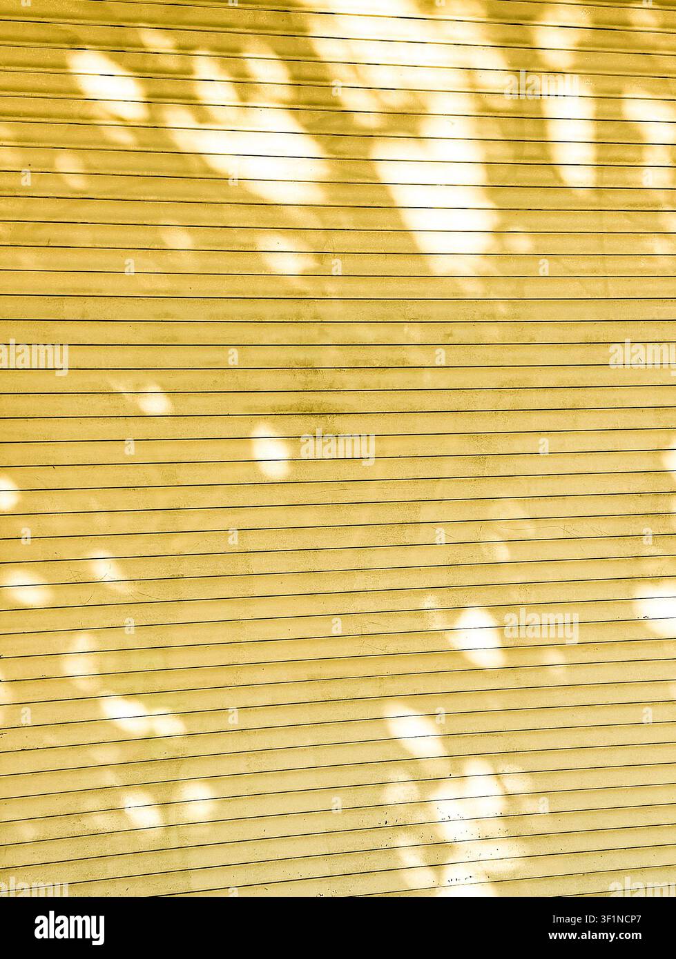 Abstract background of yellow metal shutter slats with dappled tree leaf shadows. Stock Photo