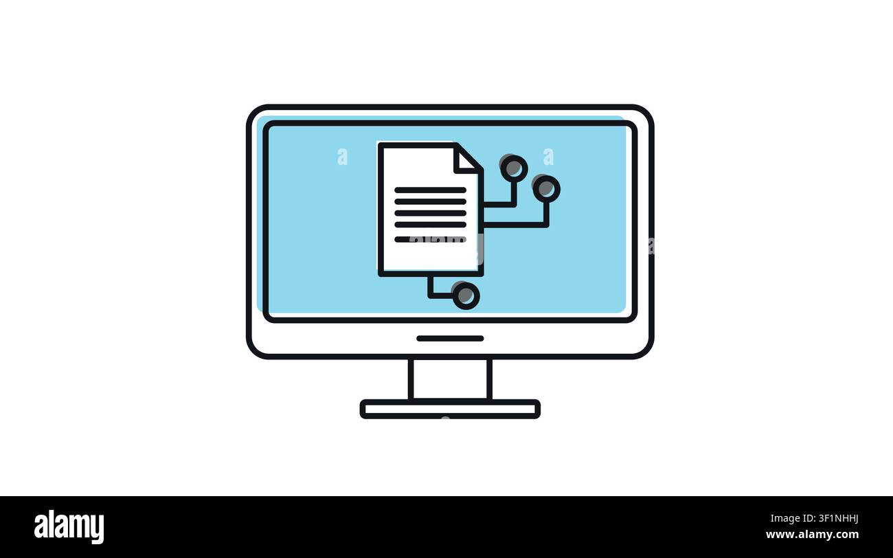 Desktop computer AI document icon: PC workstation displaying text file with artificial intelligence symbol on screen, modern offset color line art vec Stock Vector