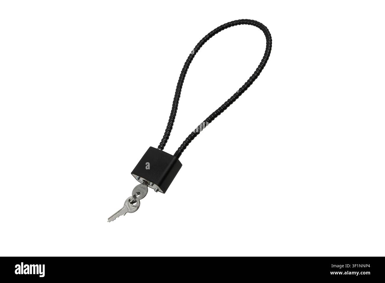 Black security cable lock with keys isolated on white background. Stock Photo