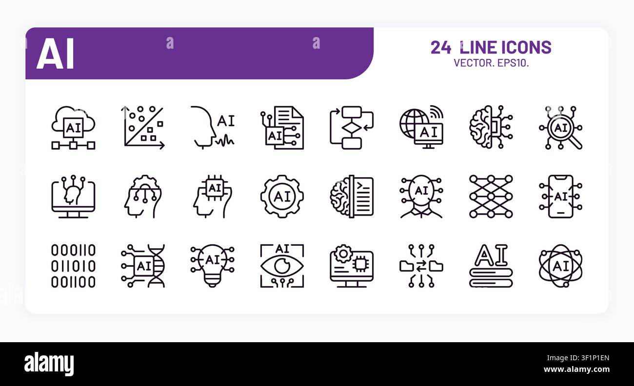 Artificial intelligence icons. Ai digital line robot, intelligent brain tech pictogram or data science network future, automation analytics. Vector minimal outline symbols technology elements set Stock Vector