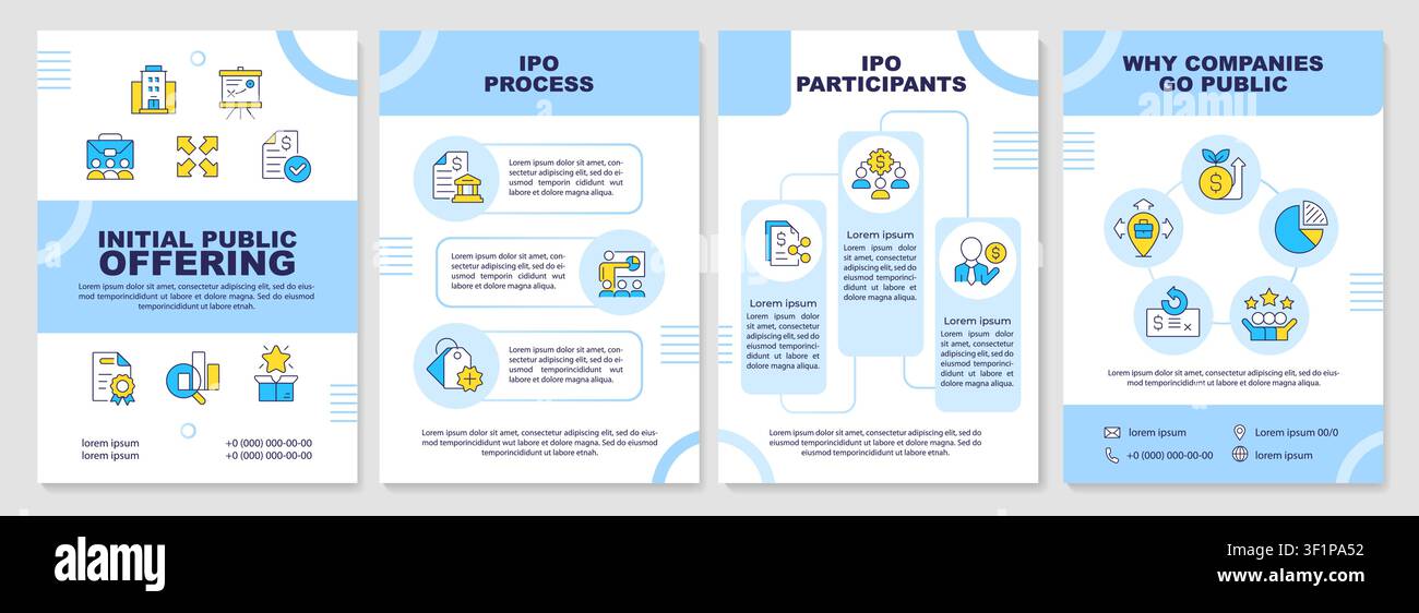Initial public offering blue brochure layout Stock Vector