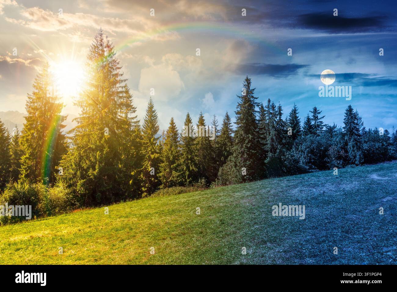 landscape with coniferous forest in summer. day meet night. scenic view of mountain landscape in poland. sun and moon in harmony over spruce trees on Stock Photo