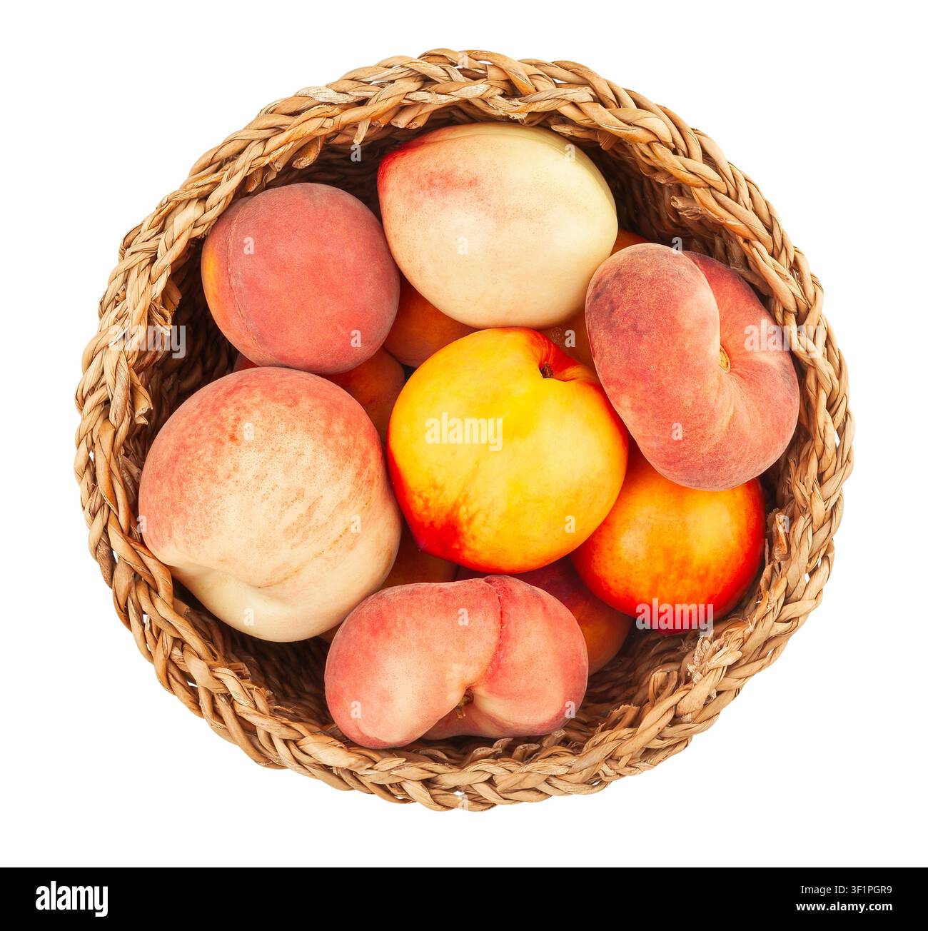 peaches mix basket path isolated on white top view Stock Photo