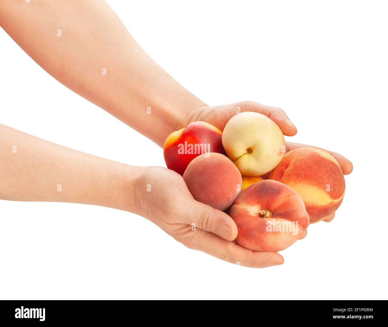 peaches mix in hand path isolated on white Stock Photo