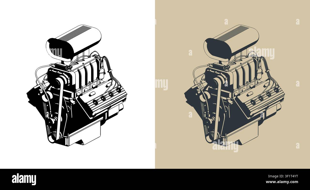 Classic V8 car engine with supercharger stylized isometric vector illustrations Stock Vector