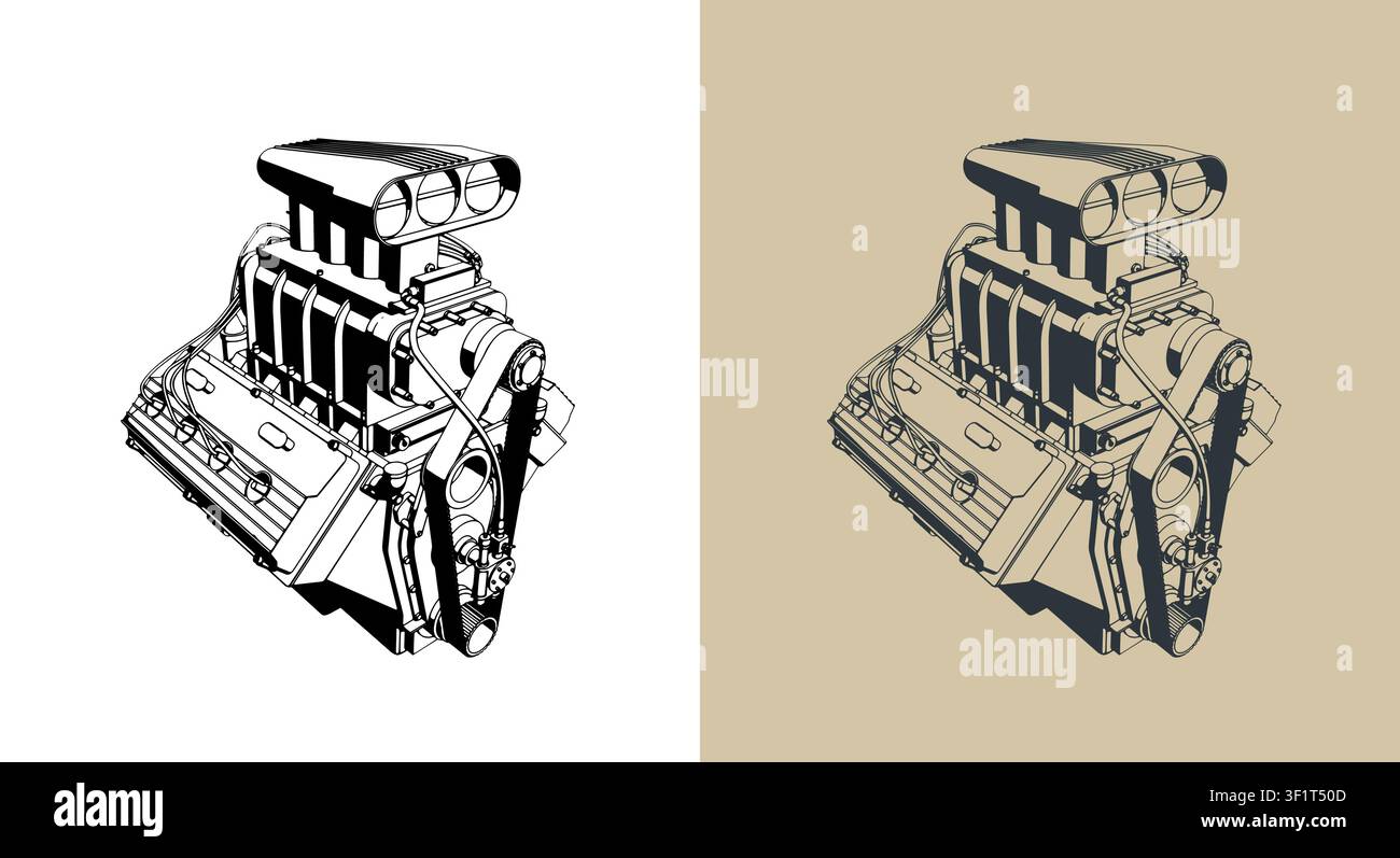 Classic V8 car engine with supercharger stylized vector illustrations Stock Vector