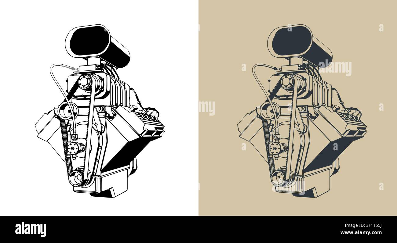 Classic V8 car engine with supercharger stylized vector illustrations Stock Vector