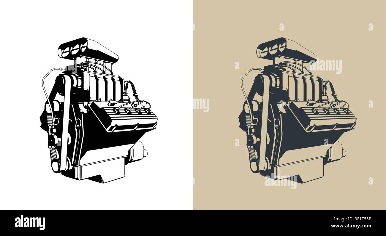 Classic V8 car engine with supercharger stylized vector illustrations Stock Vector