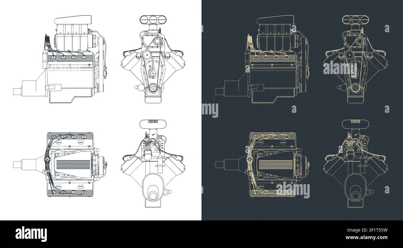 Classic V8 car engine with blower blueprints, stylized vector illustrations Stock Vector