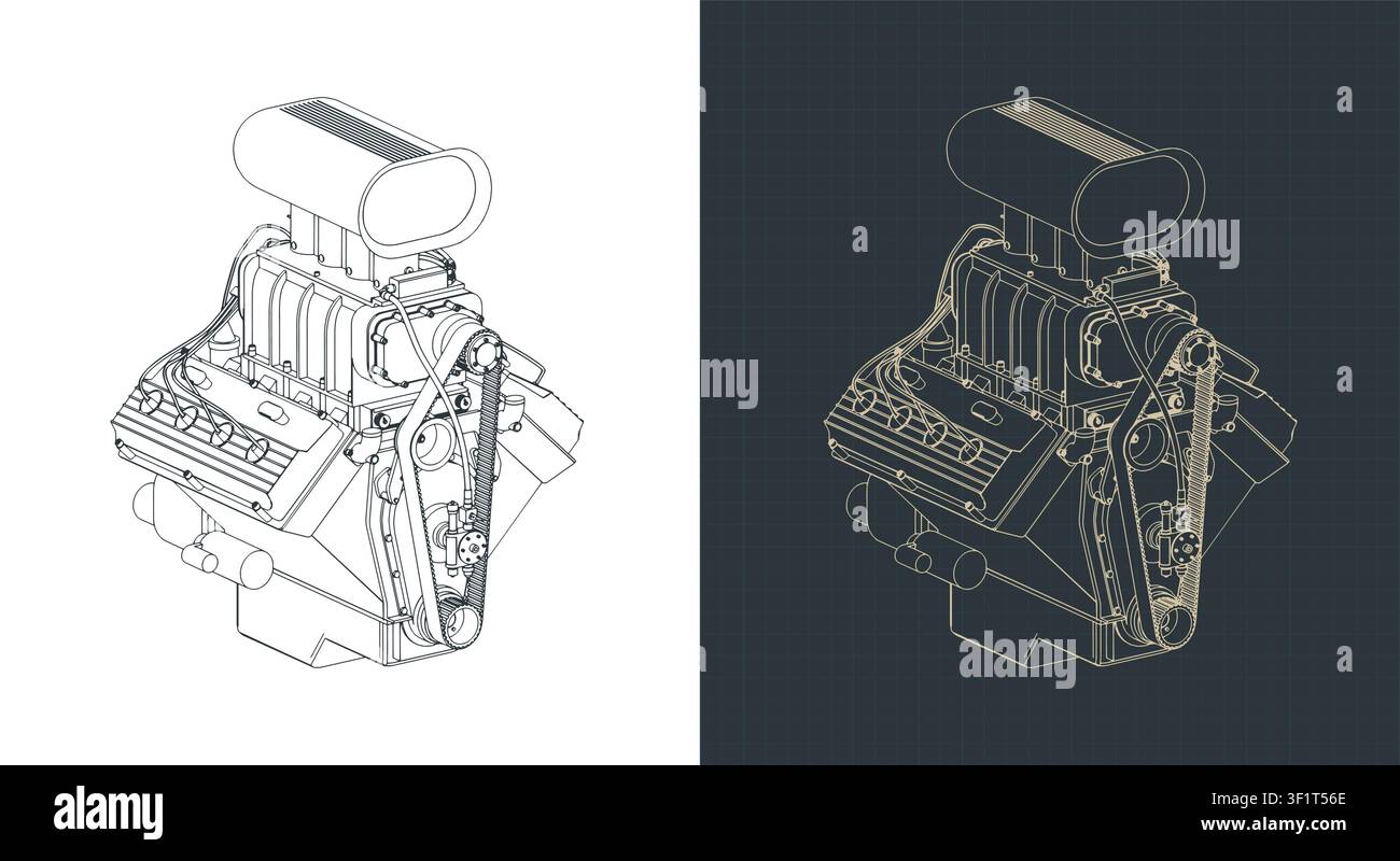 Classic V8 car engine with blower isometric blueprint, stylized vector illustrations Stock Vector