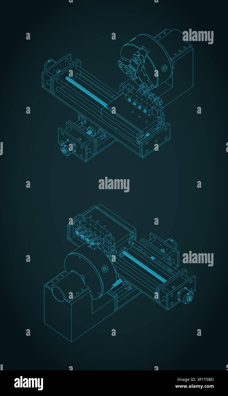 Stylized vector illustration of isometric blueprints of CNC lathe machine Stock Vector