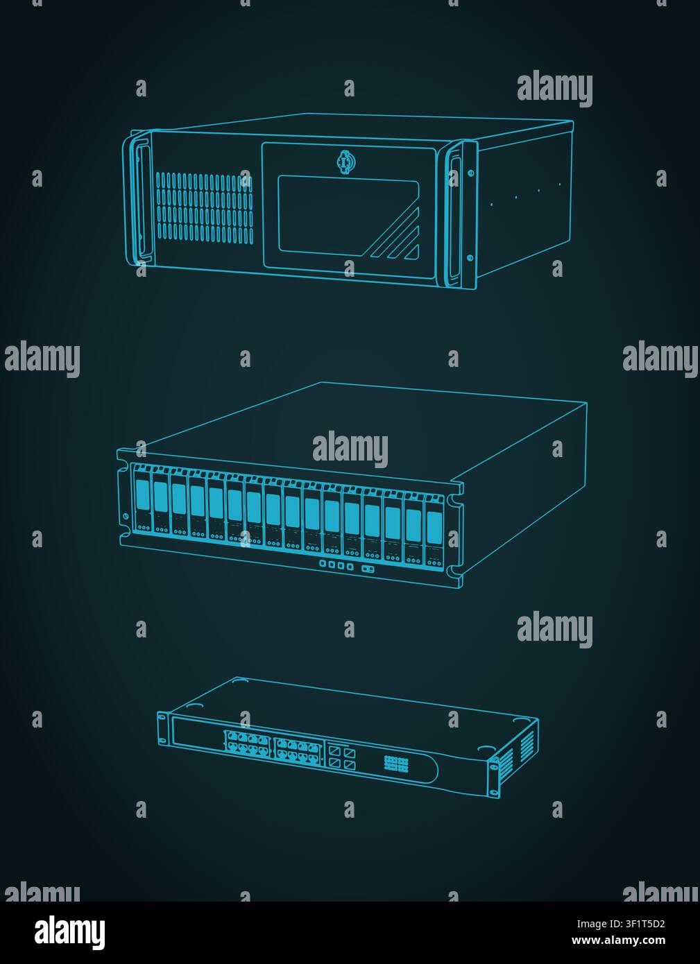 Rackmount server chassis technical drawings, stylized vector illustration Stock Vector
