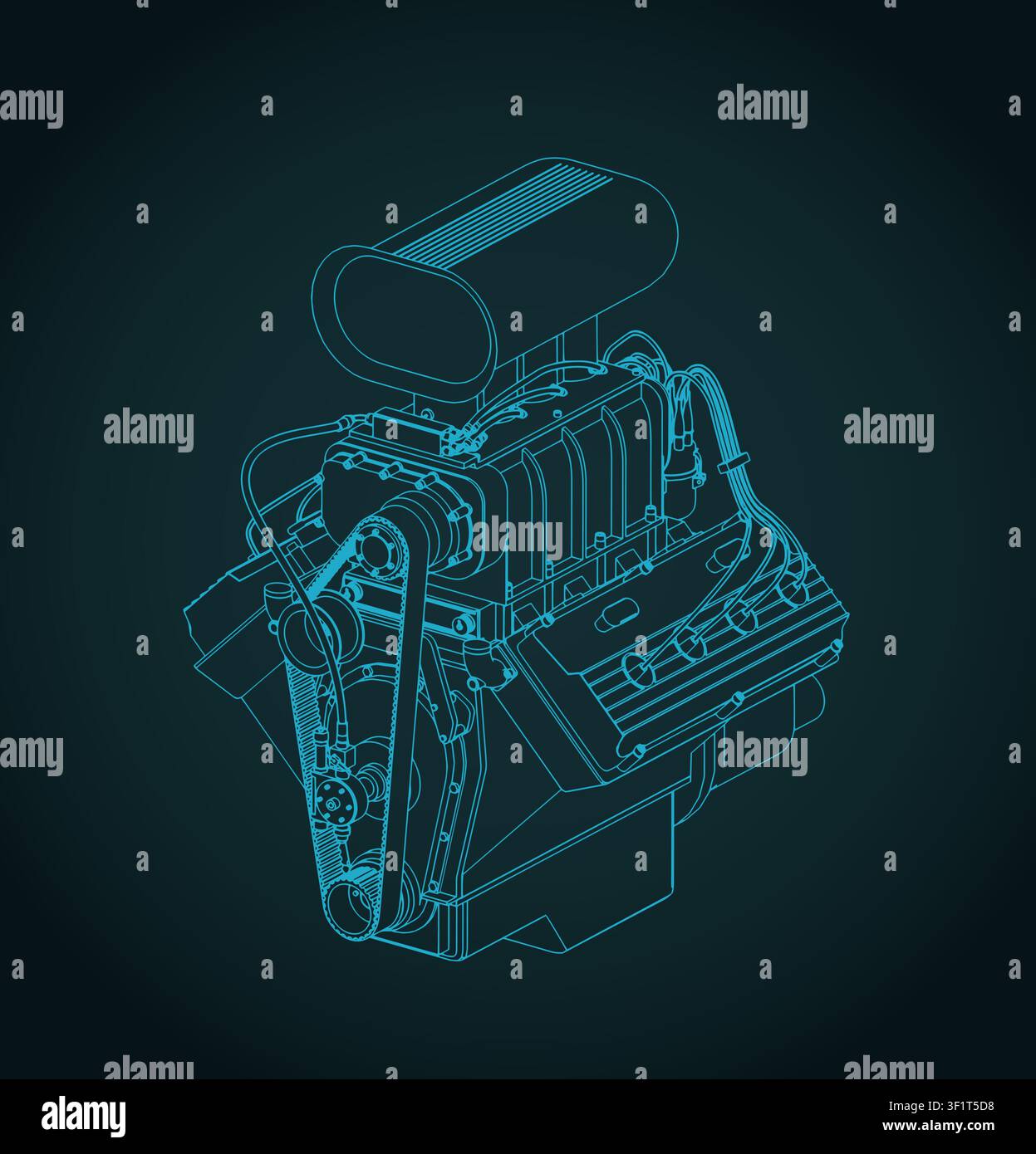 Classic V8 car engine with blower isometric blueprint, stylized vector illustration Stock Vector