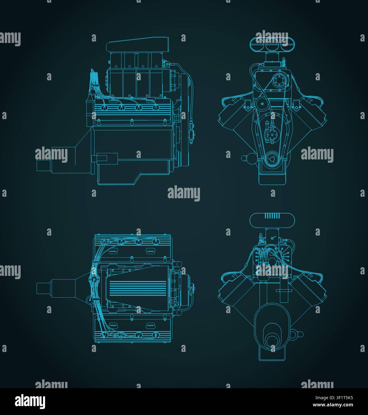 Classic V8 car engine with blower blueprints, stylized vector illustration Stock Vector
