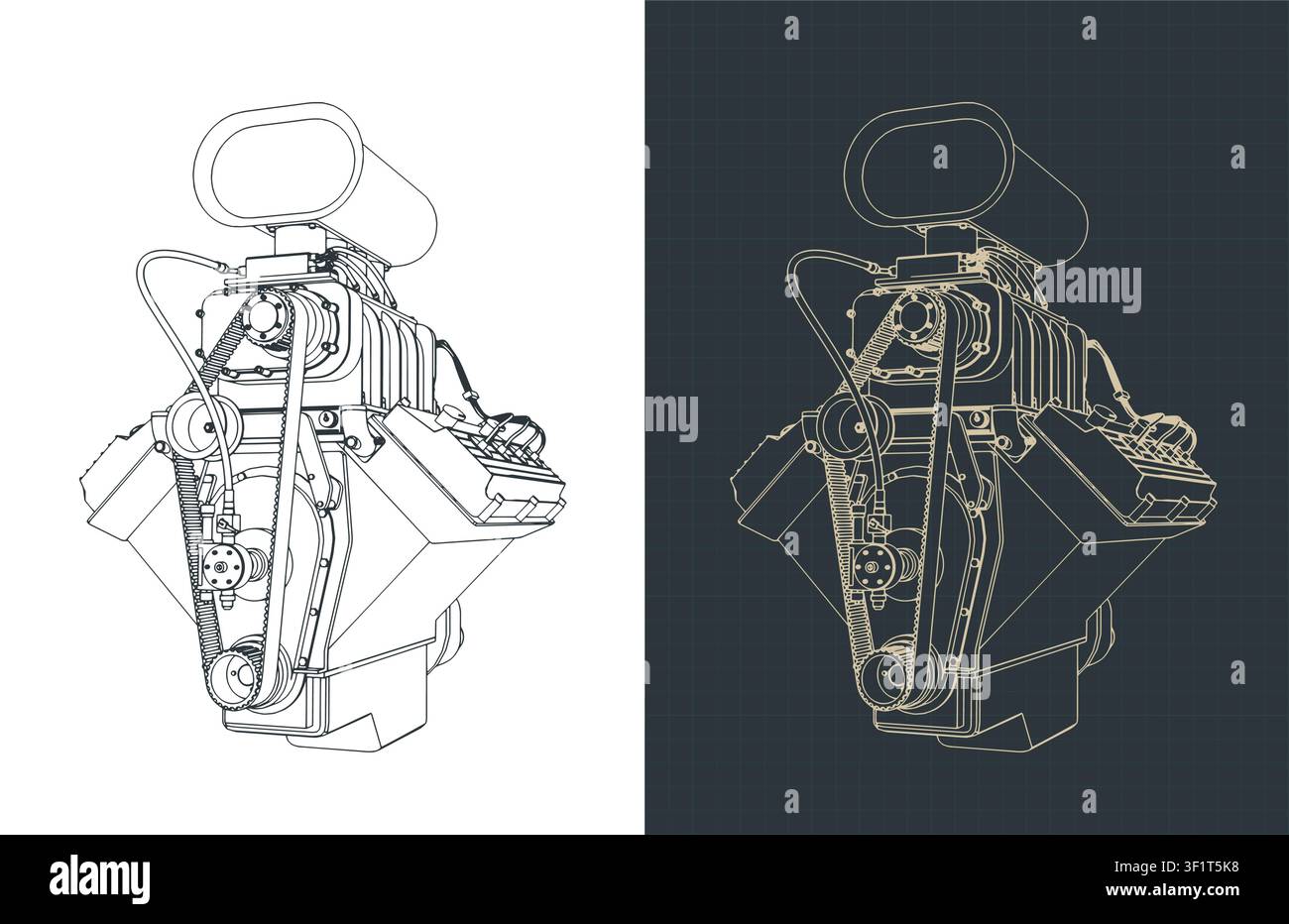 Classic V8 car engine with blower isometric blueprint, stylized vector illustrations Stock Vector