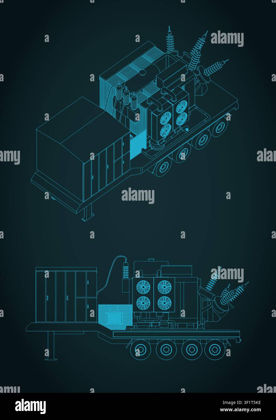 Stylized vector illustration of blueprints of high-voltage mobile substation Stock Vector