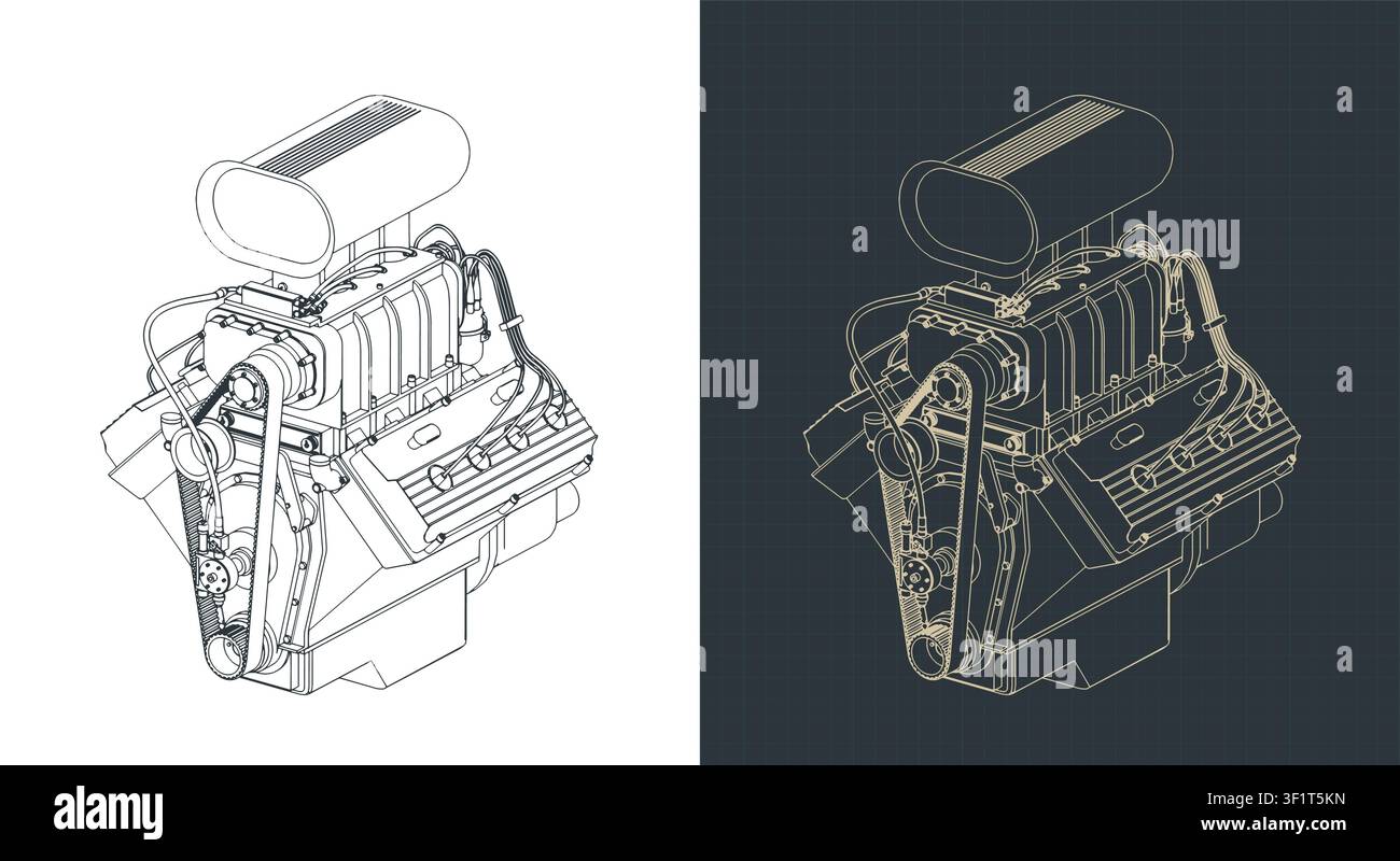 Classic V8 car engine with blower isometric blueprint, stylized vector illustrations Stock Vector