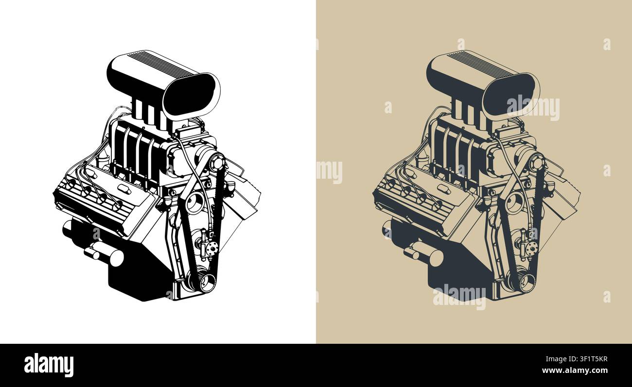 Classic V8 car engine with supercharger stylized isometric vector illustrations Stock Vector