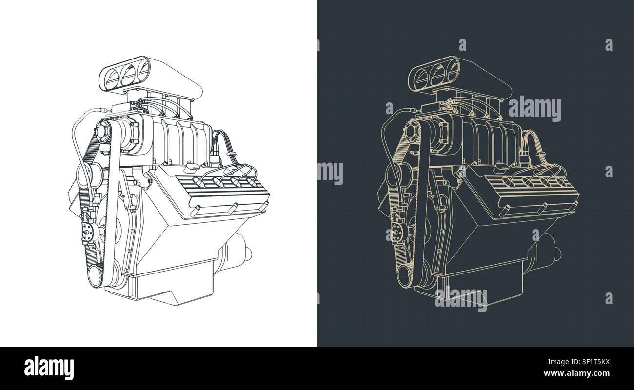 Classic V8 car engine with blower technical drawing, stylized vector illustrations Stock Vector