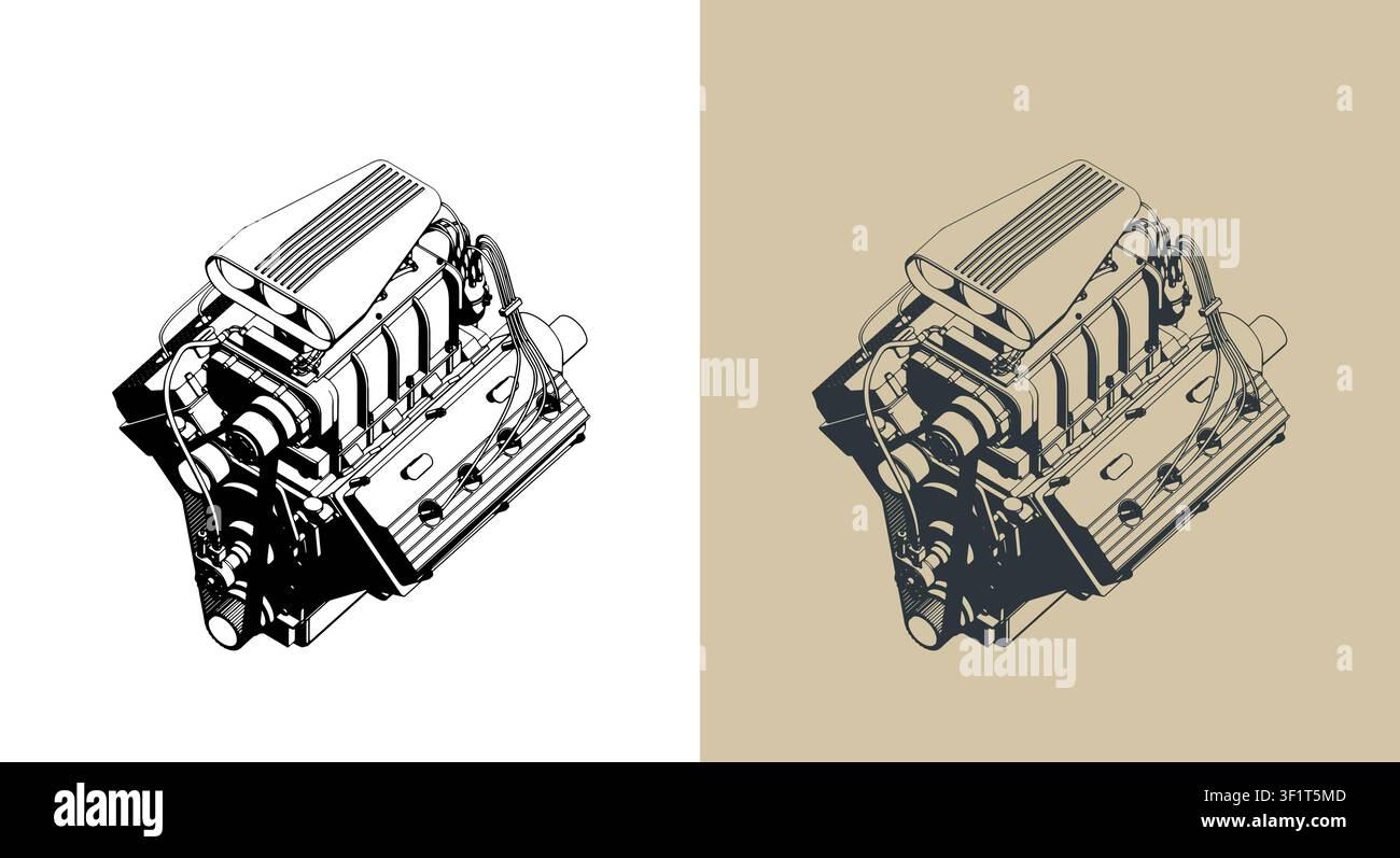 Classic V8 car engine with supercharger stylized isometric vector illustrations Stock Vector