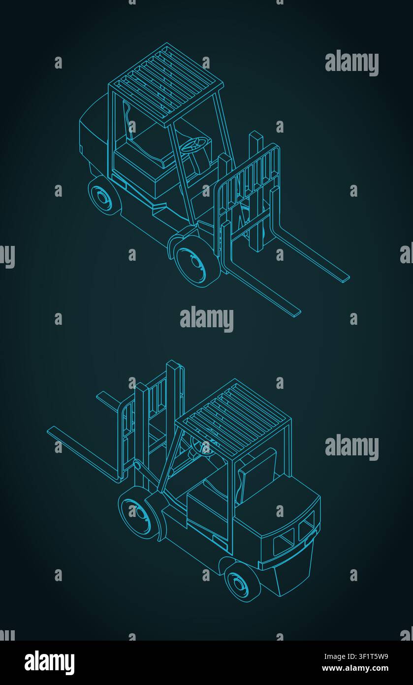 Forklift isometric technical drawings, stylized vector illustration Stock Vector