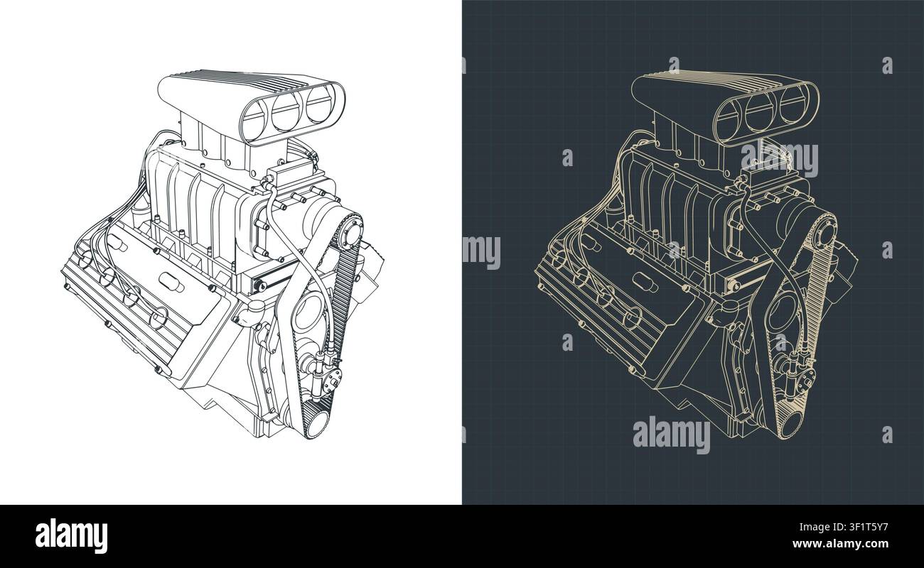 Classic V8 car engine with blower technical drawing, stylized vector illustrations Stock Vector