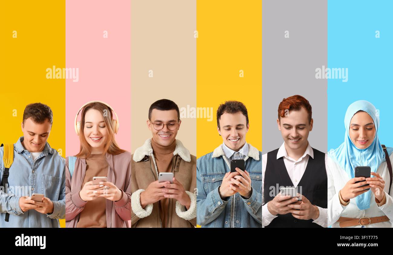 Diverse young people using smartphones on a colorful background, social media and digital communication Stock Photo