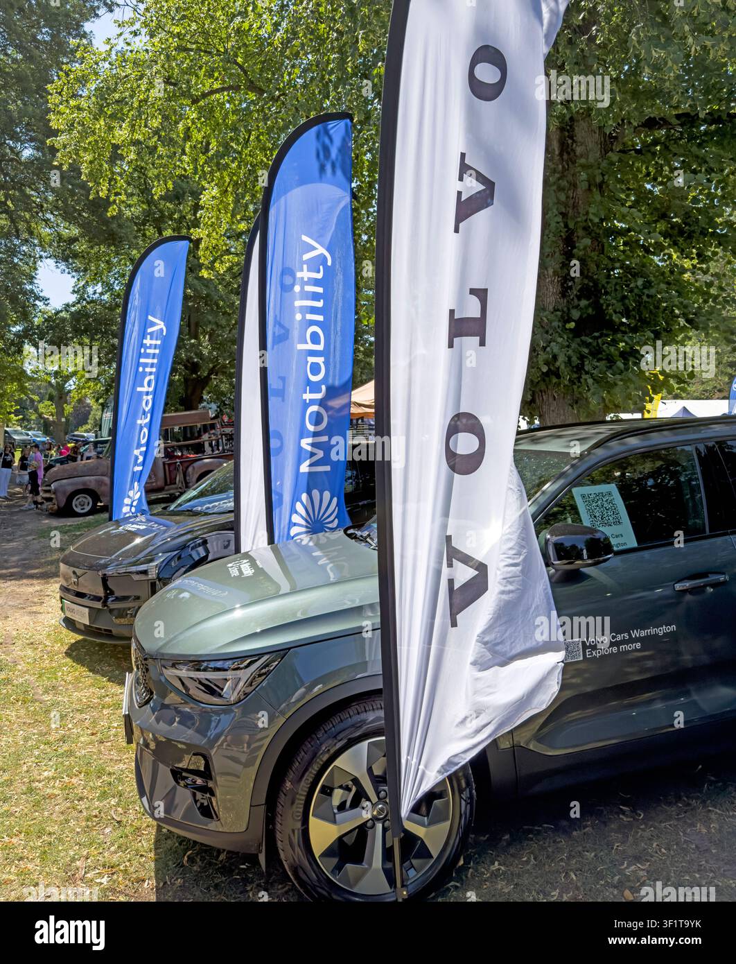 Volvo vehicle display advertising the Motability Scheme amid UK debate about PIP eligibility, welfare costs and access to independent travel. Stock Photo