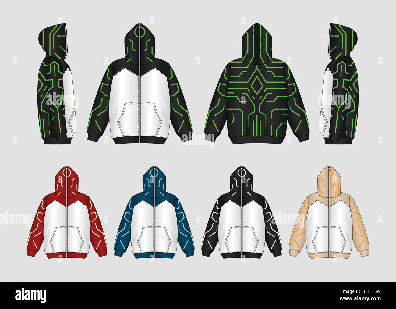Premium Futuristic Tech wear Full Zip Hoodie Technical Flat Vector Template All Side Views with Cyber Circuit Line Graphics Stock Vector