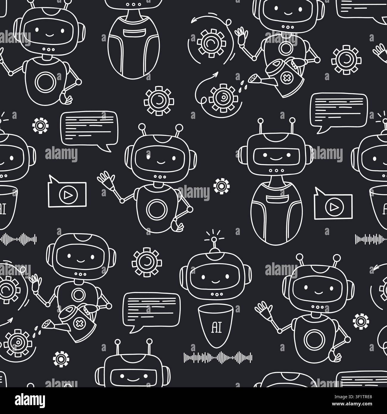 AI Chatbot Seamless Pattern on Black Background. Cute Robot Repeated Texture. Outline Vector Illustration for No-Code Developer, Web UI and Dark Theme Stock Vector