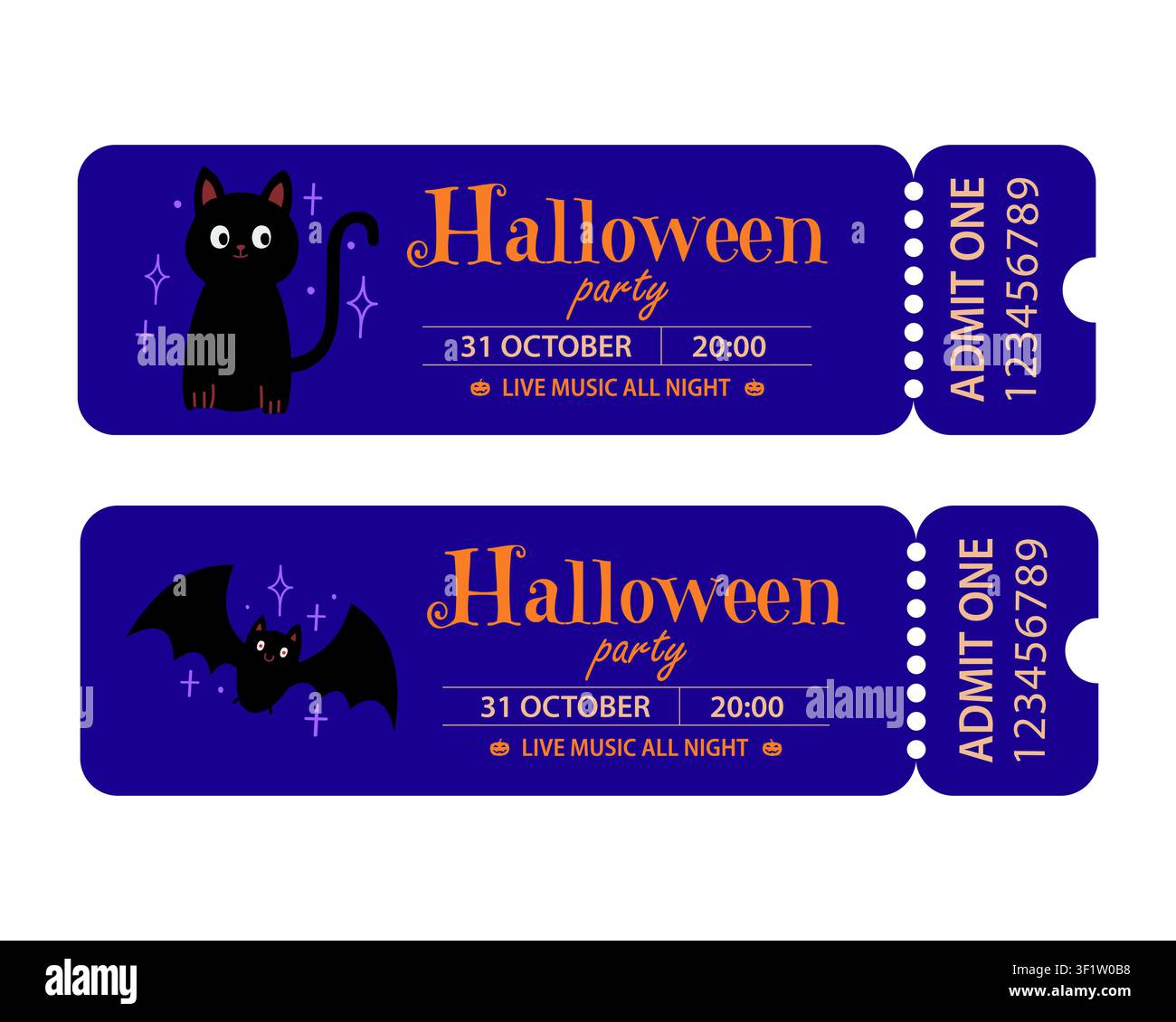 Halloween party ticket template set with cute black cat and bat admit one invitation coupon vector illustration Stock Vector