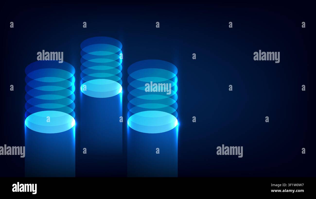abstract futuristic featuring three glowing blue cylindrical towers representing digital database servers or cloud computing storage networks against Stock Vector