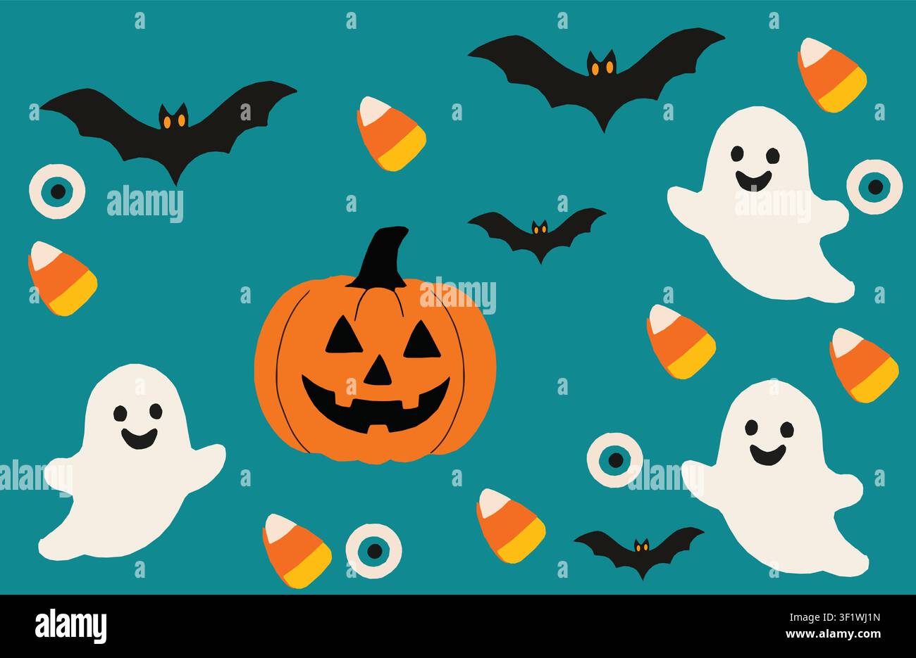 Cute Halloween ghosts and pumpkin teal background Stock Vector