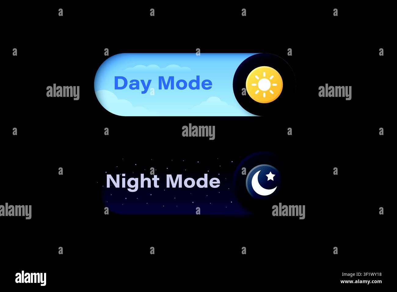 Vector 3d Day Mode and Night Mode Toggle Switch Set. Light and Dark Theme UI Buttons with Sun and Moon Icons. App Interface Control Element for Web Stock Vector