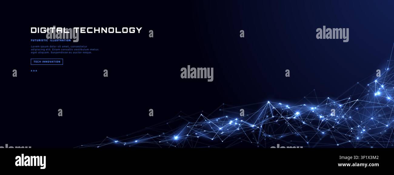 Blue Polygon Network Background With Digital Data Stream Stock Vector