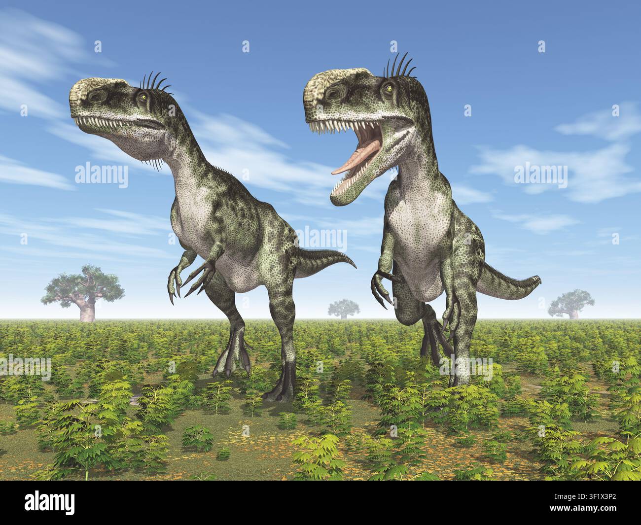 Dinosaur Monolophosaurus in a landscape Stock Photo