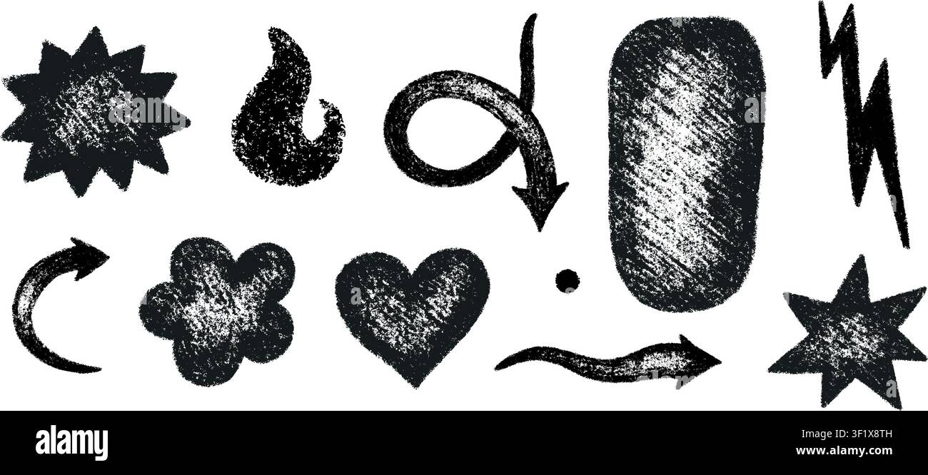 Crayon doodle sticker shape set. Hand drawn oval, heart, star icons. Charcoal texture. Graphic element for fun collage. Kid sketch drawing. Vector Stock Vector