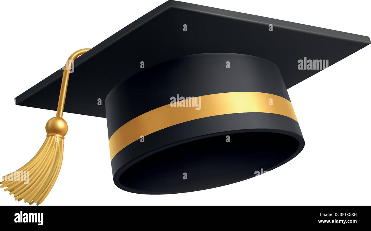 Graduation cap with gold tassel, academic education achievement icon. Realistic 3D illustration Stock Vector