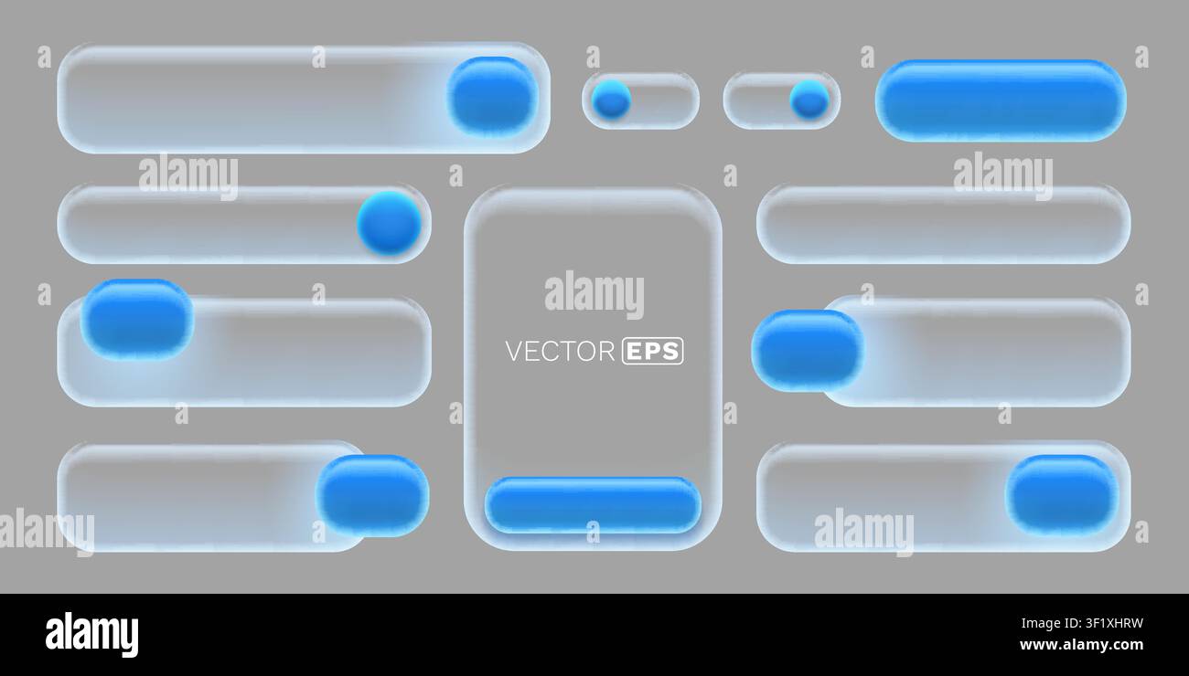 Modern Glassmorphism UI Elements Set. Frosted glass buttons, sliders, and toggles with blue accents for digital design. Vector illustration. Stock Vector