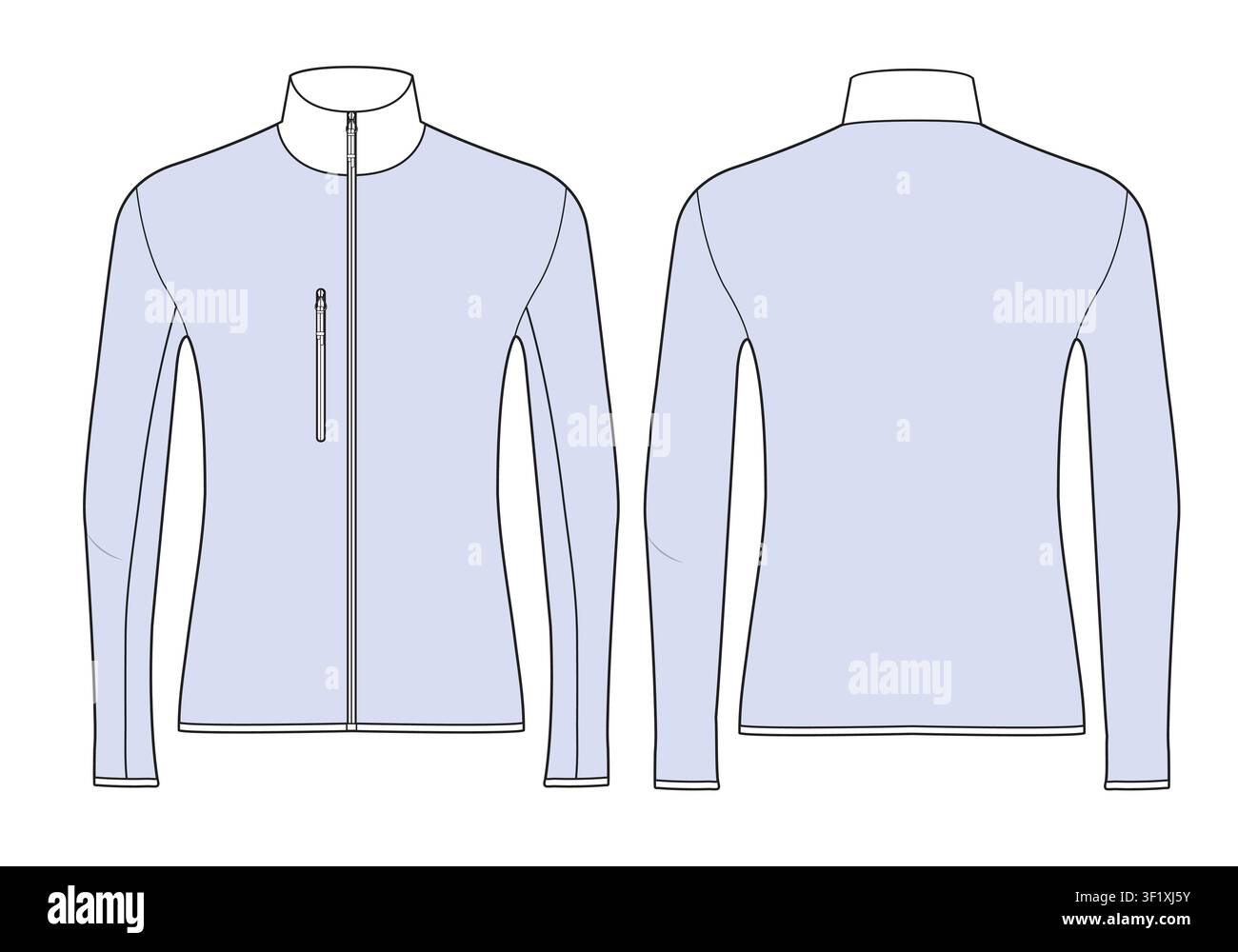 Turtleneck winter jacket front and back view flat drawing vector mockup template. Stock Vector