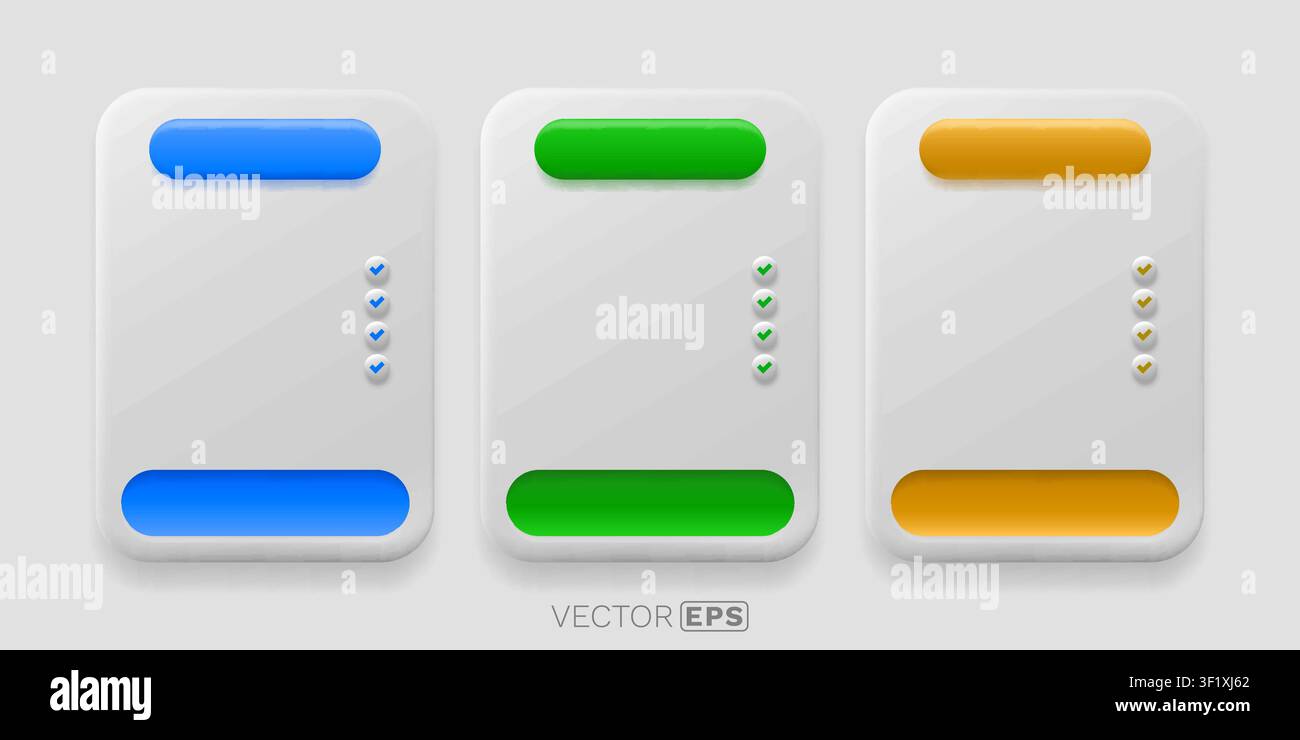Neomorphic UI design elements with checkmarks and buttons. Modern vector interface cards. Vector illustration. Stock Vector