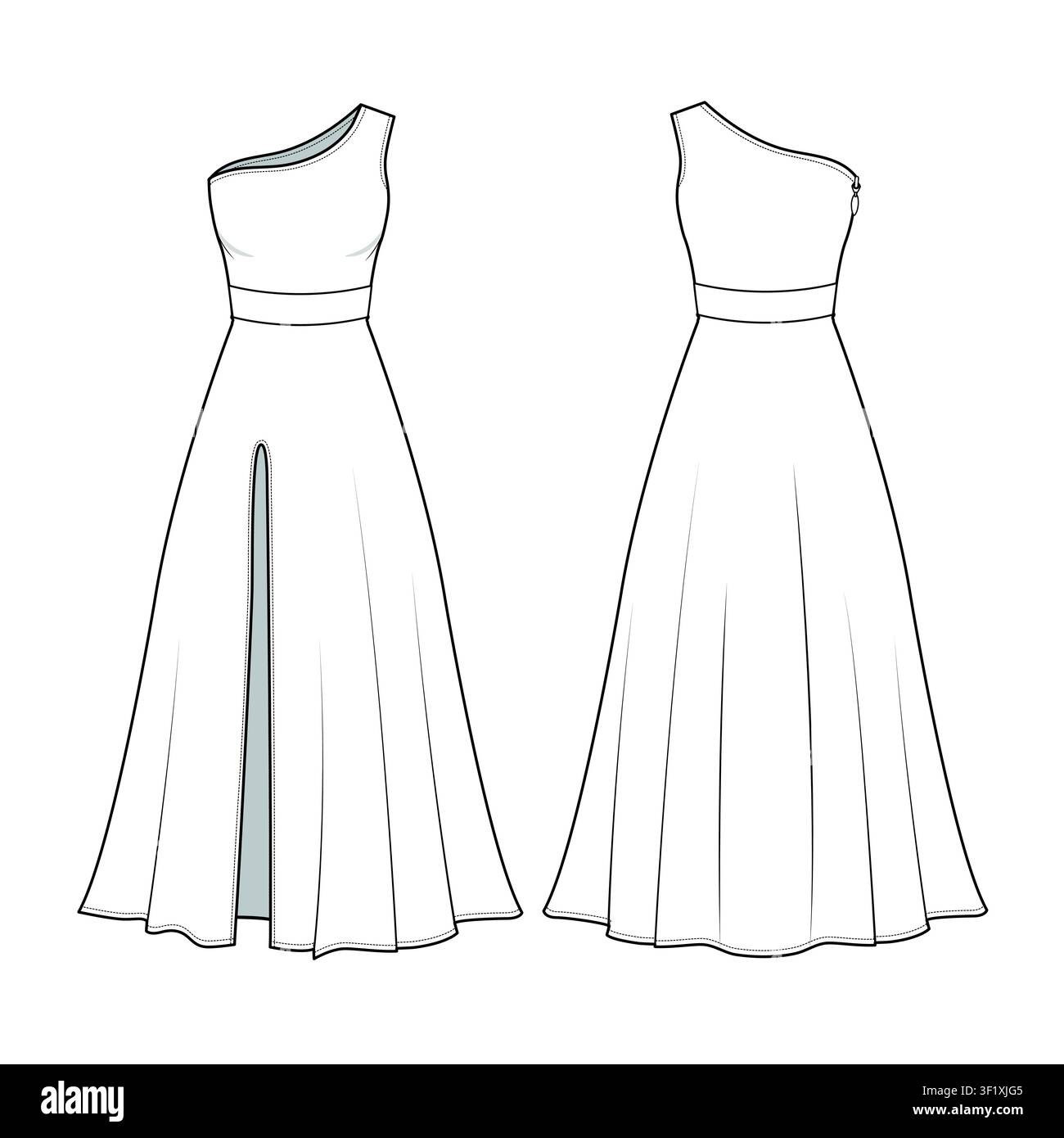 Vector maxi dress with front slit technical drawing, long night