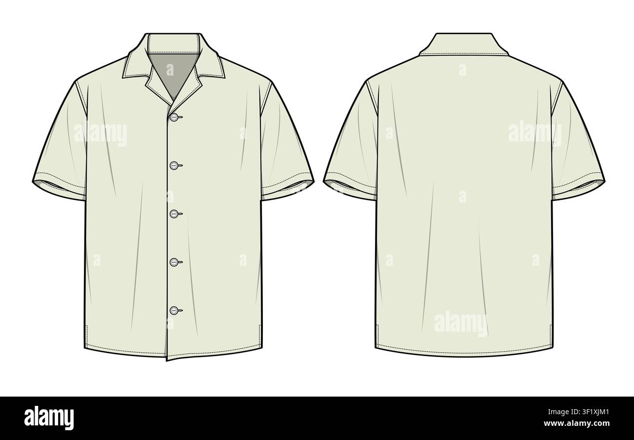 Men’s oversized camp shirt front and back view vector design technical flat drawing. Stock Vector